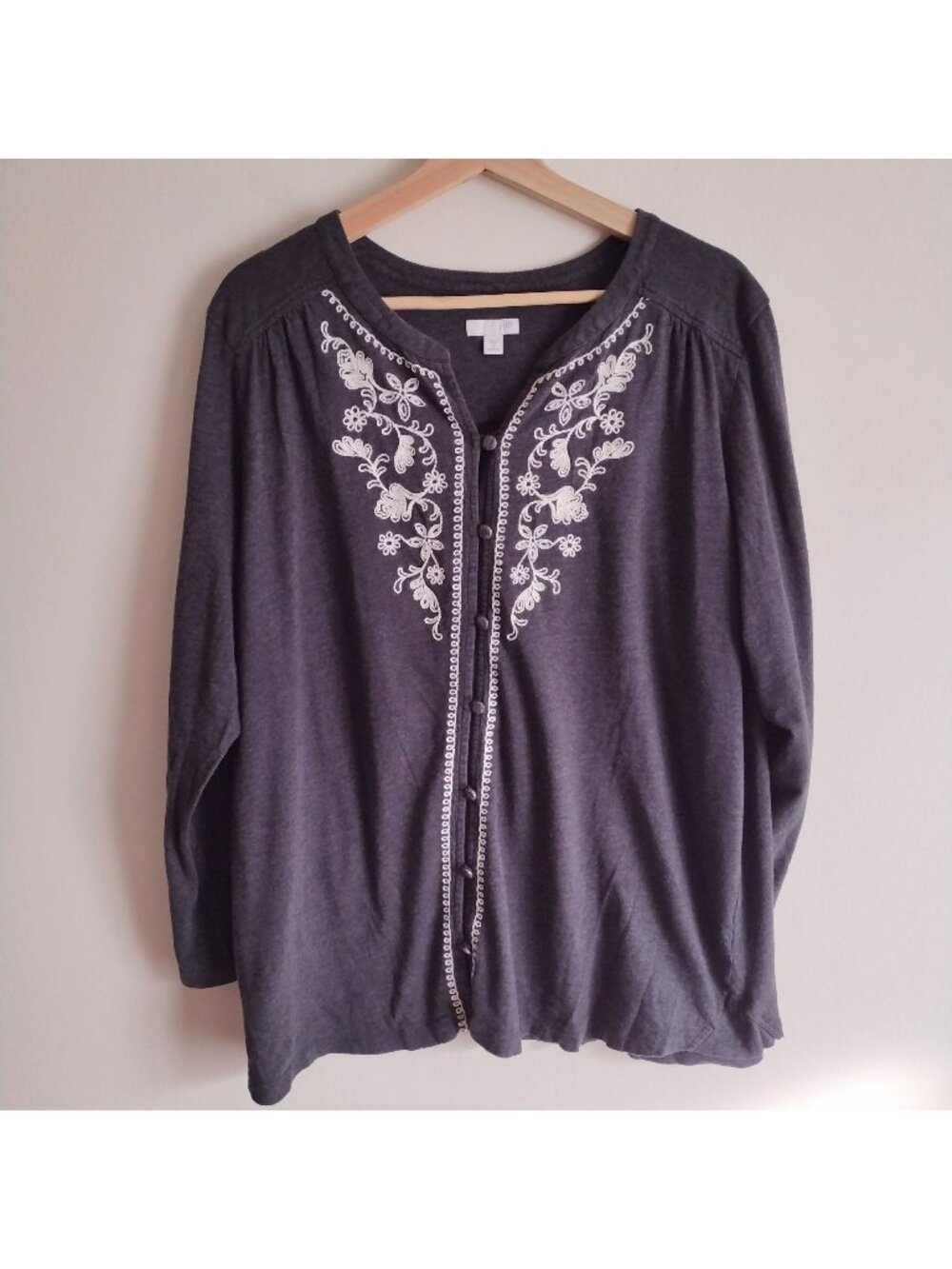 J Jill Gray Embroidered Top 2X Soft Cotton Blend Knit Relaxed Fit Blouse